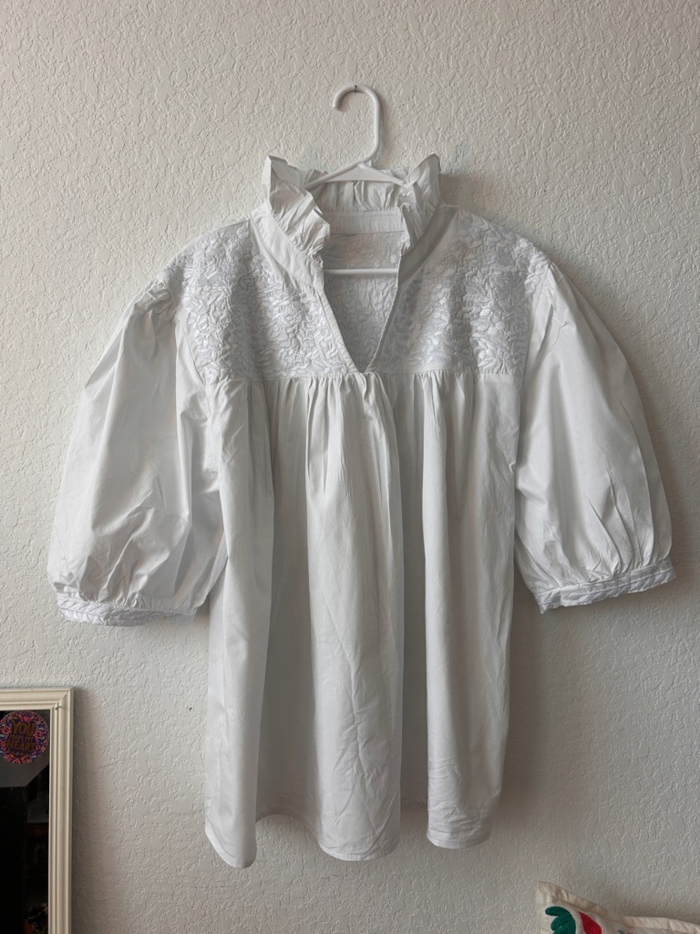 Mexican Themed White Embroidered V-Neck Puff-Sleeve Blouse